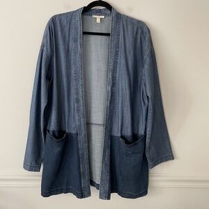 Eileen Fisher Chambray Denim Open Front Jacket Sz S Shacket Oversized Minimalist